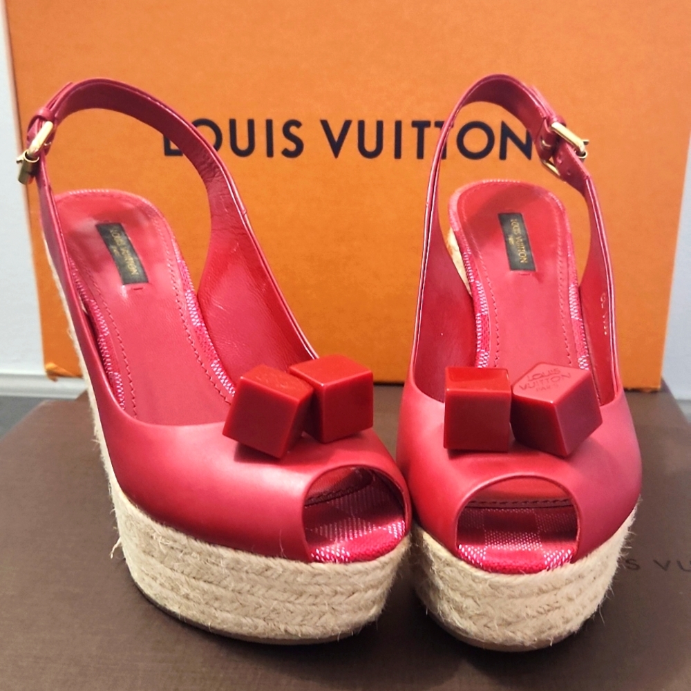 Louis Vuitton Red Slingback Wedge Damier Azur  Canvas Trim